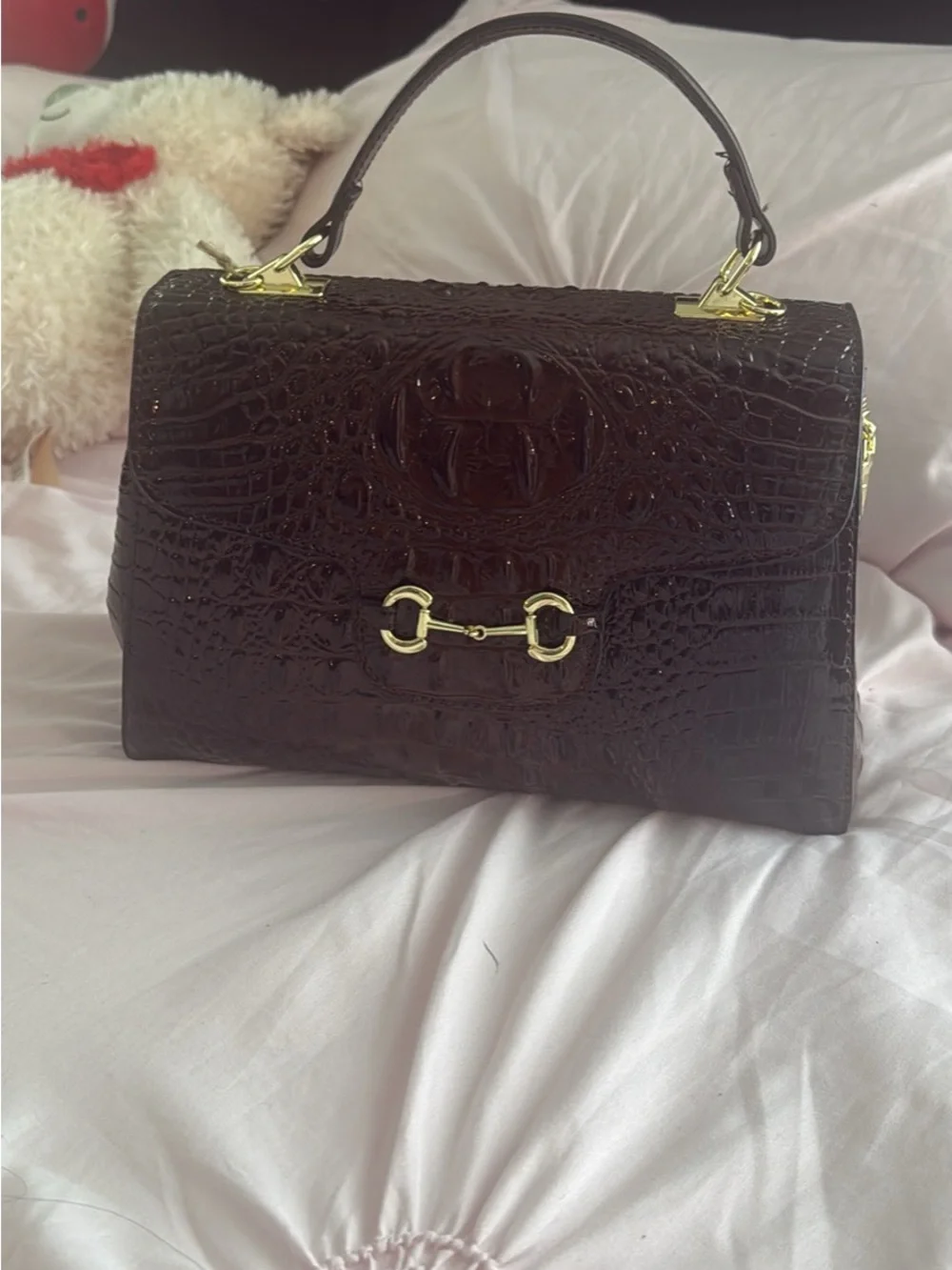 Source Unknown Dark Brown Croc-Embossed Top Handle Satchel with Gold Hardware